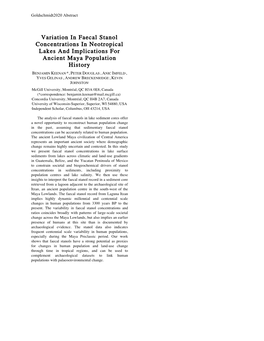 Variation in Faecal Stanol Concentrations in Neotropical Lakes and Implications for Ancient Maya Population History