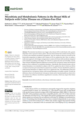 Microbiota and Metabolomic Patterns in the Breast Milk of Subjects with Celiac Disease on a Gluten-Free Diet