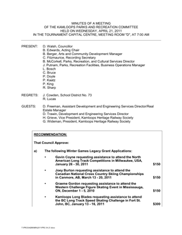 Minutes of a Meeting of the Kamloops Parks and Recreation Committee Held on Wednesday, April 21, 2011 in the Tournament Capital Centre, Meeting Room 