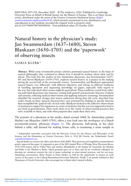 Natural History in the Physician's Study: Jan Swammerdam