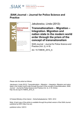 Transnationalism – Migration – Integration. Migration and Nation State in the Modern World Order Through the Prism of the Co