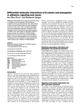 Catenin and Plakoglobin in Adhesion, Signaling and Cancer Avri Ben-Ze'ev* and Benjamin Geiger