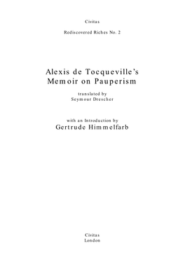 Alexis De Tocqueville's Memoir on Pauperism