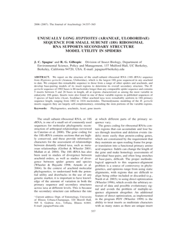 Unusually Long Hyptiotes (Araneae, Uloboridae) Sequence for Small Subunit (18S) Ribosomal Rna Supports Secondary Structure Model Utility in Spiders