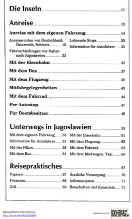 Die Inseln Anreise 13 Unterwegs in Jugoslawien 53 Reisepraktisches