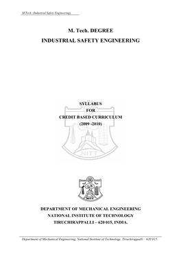 M. Tech. DEGREE INDUSTRIAL SAFETY ENGINEERING