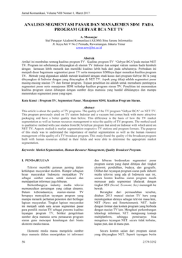 Analisis Segmentasi Pasar Dan Manajemen Sdm Pada Program Gebyar Bca Net Tv