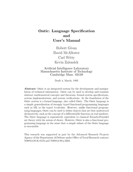 Ontic: Language Specification and User's Manual Robert Givan David