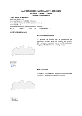 CARTOGRAPHIES DE VULNERABILITES DES CRISES PROVINCE DU BAS CONGO De Janvier À Septembre 2014 I