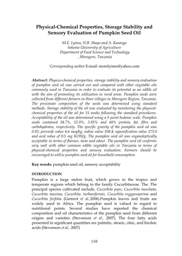 Physical-Chemical Properties, Storage Stability and Sensory Evaluation of Pumpkin Seed Oil