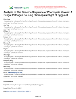 Analysis of the Genome Sequence of Phomopsis Vexans: a Fungal Pathogen Causing Phomopsis Blight of Eggplant