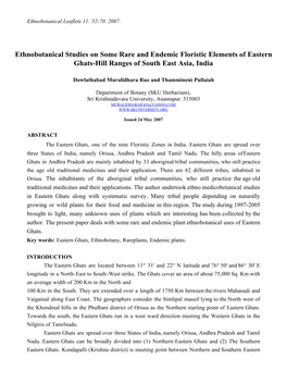 Ethnobotanical Studies on Some Rare and Endemic Floristic Elements of Eastern Ghats-Hill Ranges of South East Asia, India