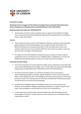 University of London Statement of Case in Support of the Camden (Torrington Place to Tavistock Place) (Prescribed Routes, Waitin