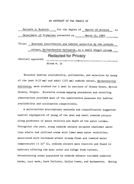 Seasonal Distribution and Habitat Selection by the Redside Shiner, Richardsonius Balteatus, in a Small Oregon Stream