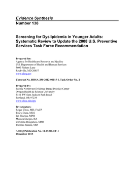 Screening for Dyslipidemia in Younger Adults: Systematic Review to Update the 2008 U.S