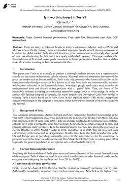 Is It Worth to Invest in Tesla? Qinrou Li1, A