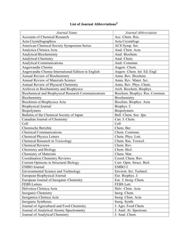 List of Journal Abbreviations1 Journal Name Journal Abbreviation Accounts of Chemical Research Acc. Chem. Res. Acta Crystallogr