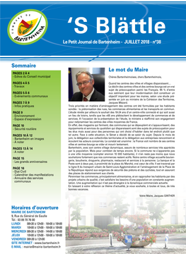 Sommaire Le Mot Du Maire PAGES 2 À 4 - Echos Du Conseil Municipal Chères Bartenheimoises, Chers Bartenheimois