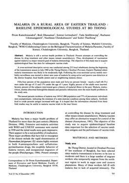 Malaria in a Rural Area of Eastern Thailand: Baseline Epidemiological