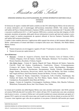 Ministero Della Salute, Risultati Dell'analisi Condotta Sui Dati 2012 Della Regione Molise Rilevati Attraverso Il