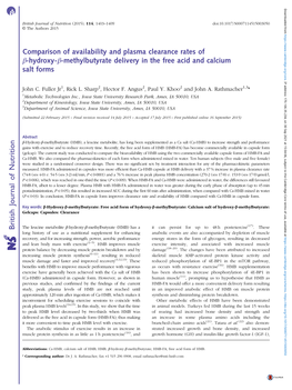 Comparison of Availability and Plasma Clearance Rates of Β-Hydroxy-Β-Methylbutyrate Delivery in the Free Acid and Calcium Salt Forms