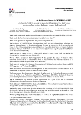 Arrêté Interpréfectoral N°47-2021-01-07-007 Déclarant D’Intérêt Général Et Autorisant Le Programme De Travaux Pluriannuel De Gestion Du Bassin Versant Du Dropt Aval