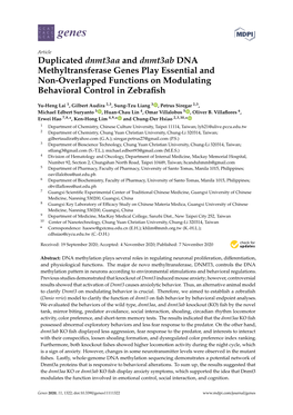 Duplicated Dnmt3aa and Dnmt3ab DNA Methyltransferase Genes Play Essential and Non-Overlapped Functions on Modulating Behavioral Control in Zebraﬁsh