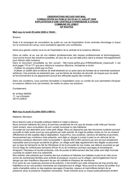 Observations Recues Par Mail Consultation Au Public Du 03 Au 31 Juillet 2020 Exploitation D’Une Centrale D’Enrobage a Chaud Commune De Lemuy Gp Routes