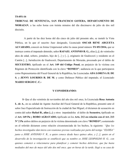 TS-051-16 TRIBUNAL DE SENTENCIA, SAN FRANCISCO GOTERA, DEPARTAMENTO DE MORAZAN , a Las Ocho Horas Con Treinta Minutos Del Día Diecinueve De Julio De Dos Mil Dieciséis