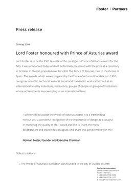 Press Release Lord Foster Honoured with Prince of Asturias Award
