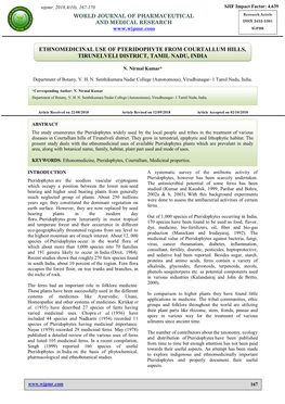 Ethnomedicinal Use of Pteridophyte from Courtallum Hills, Tirunelveli District, Tamil Nadu, India