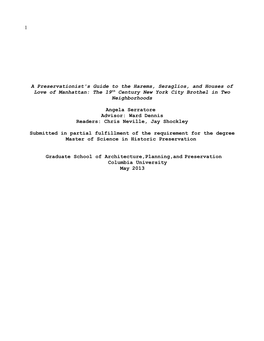 1 a Preservationist's Guide to the Harems, Seraglios, and Houses of Love of Manhattan: the 19Th Century New York City Brothel In