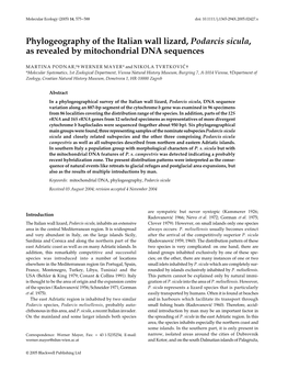 Phylogeography of the Italian Wall Lizard, Podarcis Sicula, As Revealed