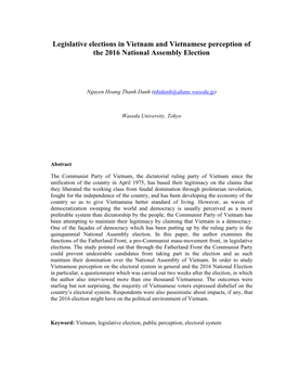 Legislative Elections in Vietnam and Vietnamese Perception of the 2016 National Assembly Election