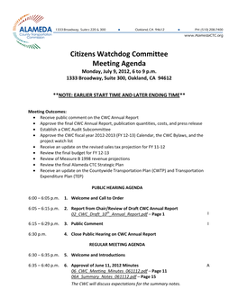 Citizens Watchdog Committee Meeting Agenda Monday, July 9, 2012, 6 to 9 P.M