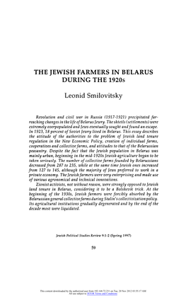 THE JEWISH FARMERS in BELARUS DURING the 1920S