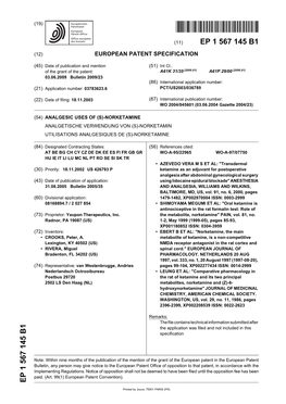 Analgesic Uses of (S)-Norketamine Analgetische Verwendung Von (S)-Norketamin Utilisations Analgesiques De (S)-Norketamine