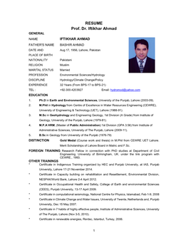 RESUME Prof. Dr. Iftikhar Ahmad