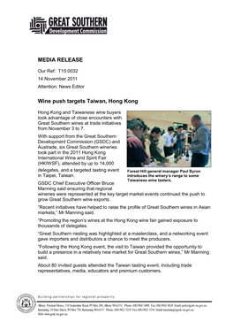 MEDIA RELEASE Wine Push Targets Taiwan, Hong Kong