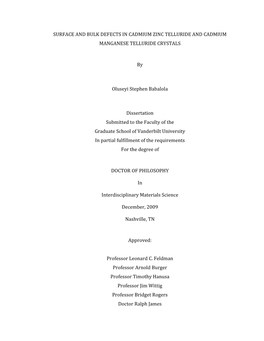 SURFACE and BULK DEFECTS in CADMIUM ZINC TELLURIDE and CADMIUM MANGANESE TELLURIDE CRYSTALS by Oluseyi Stephen Babalola Disserta