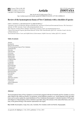 Review of the Hymenopteran Fauna of New Caledonia with a Checklist of Species