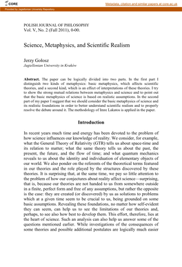 Science, Metaphysics and Scentific Realism