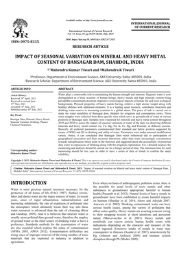 Seasonal Variation on Mineral and Heavy Me Ntent of Bansagar Dam