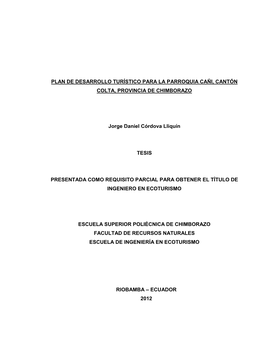 Plan De Desarrollo Turístico Para La Parroquia Cañi, Cantón Colta, Provincia De Chimborazo