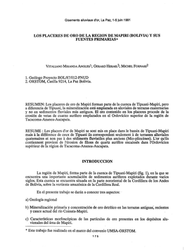 Los Placeres De Oro De La Region De Mapiri (Bolivia) Y Sus Fuentes Primarias*