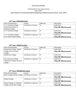 Monday) Place of Examination Course Paper No