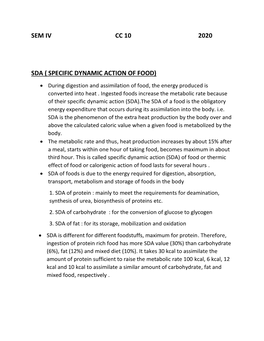 SPECIFIC DYNAMIC ACTION of FOOD) • During Digestion and Assimilation of Food, the Energy Produced Is Converted Into Heat