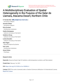 A Multidisciplinary Evaluation of Spatial Heterogeneity in the Puquios of the Salar De Llamara, Atacama Desert, Northern Chile