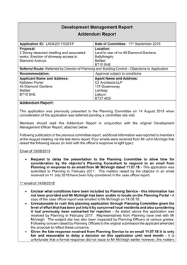 LA04/2017/0261/F Date of Committee: 11Th September 2018 Proposal: Location: 2 Storey Detached Dwelling and Associated Land to Rear of No 49 Diamond Gardens Works