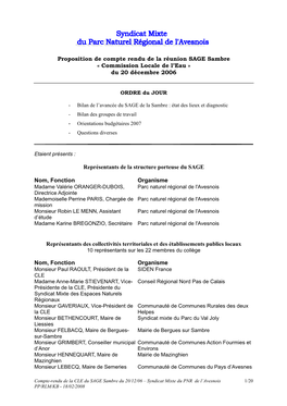 Proposition De Compte Rendu De La Réunion SAGE Sambre « Commission Locale De L’Eau » Du 20 Décembre 2006